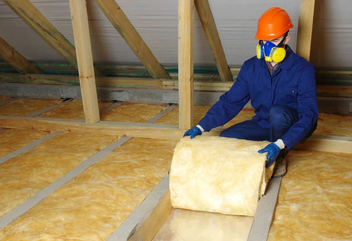 Homme installant une couche d'isolation thermique du toit à l'aide de laine minérale