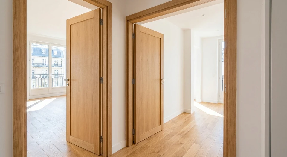 Intérieur résidentiel contemporain montrant une porte intérieure blanche ou bois clair fraîchement posée dans un couloir ou passage entre deux pièces, avec murs peints en tons neutres et lumineux, parquet ou revêtement de sol clair visible, mettant en évidence la qualité de la pose et le rendu épuré et soigné de la menuiserie intérieure dans un espace de vie