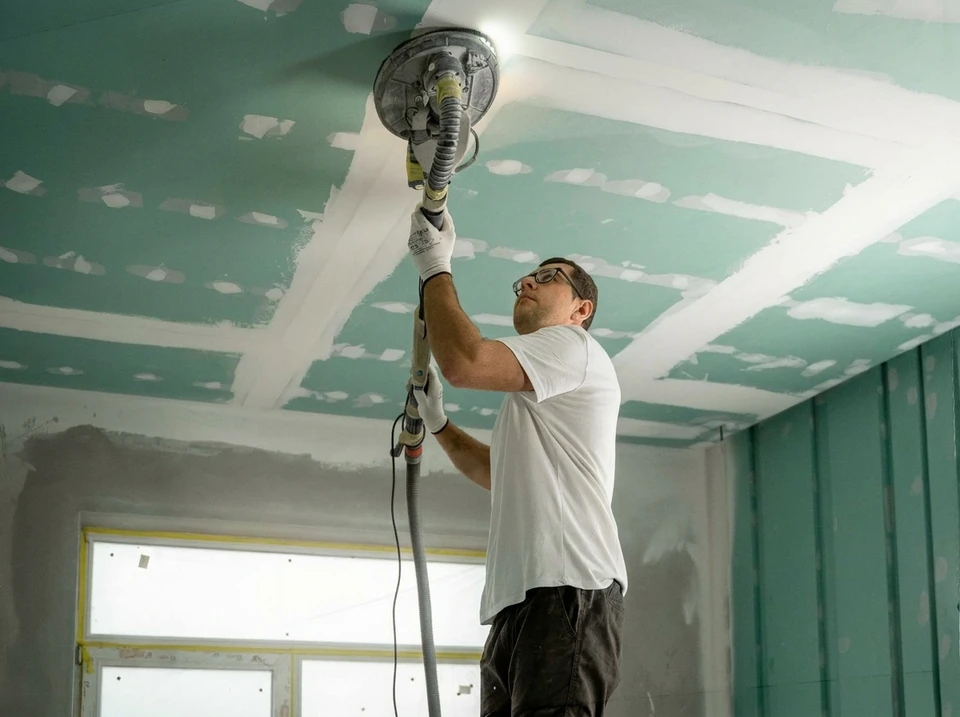 Un homme effectue des travaux de finition au plafond dans un intérieur moderne avec mobilier blanc