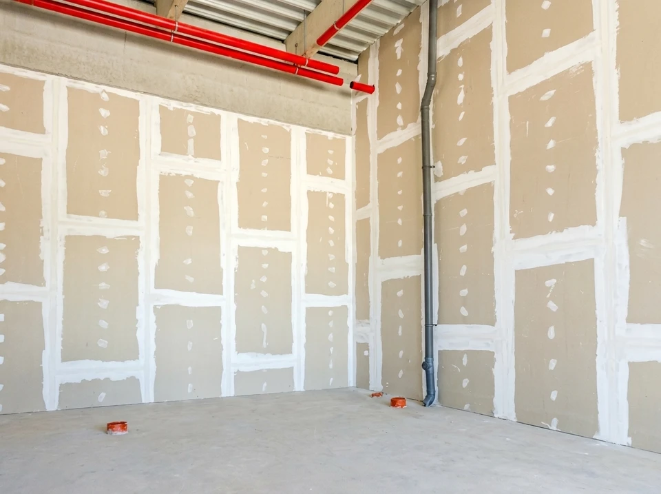 Ouvrier en salopette bleue et casque blanc utilisant un niveau à bulle jaune pour vérifier l'aplomb d'un montant de cloison sèche dans un bâtiment en construction